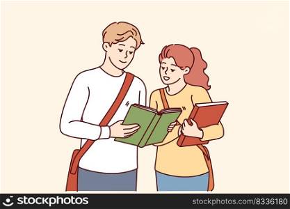 Happy students with book get ready for school exam or lesson. Smiling millennial people with textbooks before class in college. Vector illustration. . Happy students with textbooks before class 