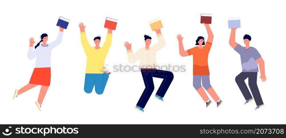 Happy students with books. Jump student, book flat college teenagers. Smiling school boy girl. Isolated readers jumping utter vector concept. Illustration positive college or school students with book. Happy students with books. Jump student, book flat college teenagers. Smiling school boy girl. Isolated readers jumping utter vector concept