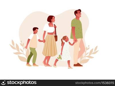 Happy stylish family walking. Father, mother, son and daughter together. Family day vector illustration, flat design, pastel colors. Family look fashionable clothes.