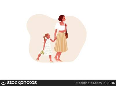 Happy stylish mother with daughter. Mom holds her daughter's hand. Happy mother's day. Isolated on white background. Cartoon style. Vector illustration