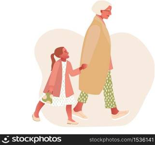 Happy stylish mother with daughter. Mom holds her daughter's hand. Happy mother's day. Isolated on white background. Cartoon style. Vector illustration