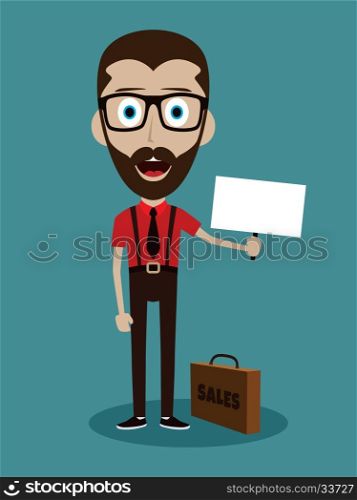 happy success businessman with briefcase and sign