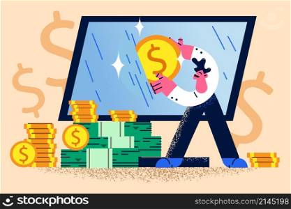 Happy successful businessman get money from computer from investment or deposit. Smiling man entrepreneur receive dividend from online sales or trading. Flat vector illustration. . Happy businessman receive money from online business