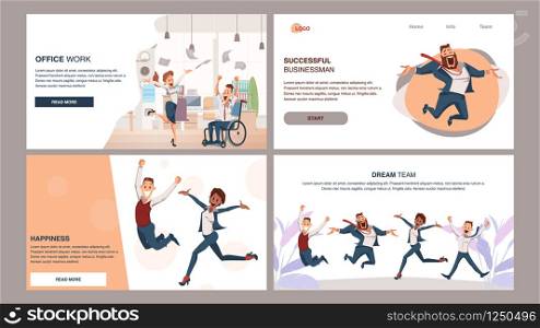Happy Successful Coworking Business Team Jump Up. Coworker Celebrate Success Corporate Victory. Thrilled Male and Female Office Worker Have Fun. Employee Teamwork Set. Cartoon Flat Vector Illustration. Happy Successful Coworking Business Team Jump Up