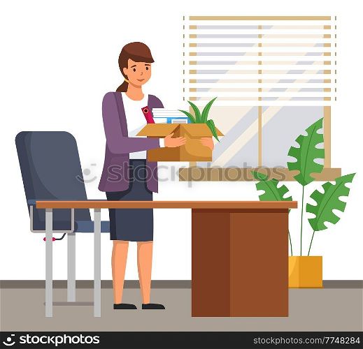 Happy successful young business woman holds a box with her things and going into new office. Dismissed frustrated businesswoman standing at the table in office. New job and dismissal concept. Happy successful young business woman holds a box with her things and going into new office