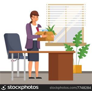 Happy successful young business woman holds a box with her things and going into new office. Dismissed frustrated businesswoman standing at the table in office. New job and dismissal concept. Happy successful young business woman holds a box with her things and going into new office