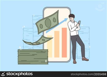 Happy successful young businessman stand near huge smartphone get dividend from investment on web stock exchange market. Smiling man receive passive profit or income trade on cellphone. Vector. . Successful businessman get passive income on cellphone