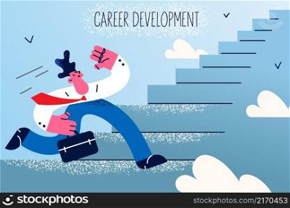 Happy successful young man employee run up stairs of career development. Smiling confident businessman achieve goal or job success. Employment and promotion. Flat vector illustration. . Happy male employee run up stairs reach success