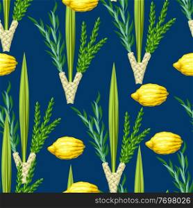Happy Sukkot seamless pattern. Holiday background with Jewish festival traditional symbols. Four species etrog, lulav, willow and myrtle branches.. Happy Sukkot seamless pattern. Holiday background with Jewish festival traditional symbols.