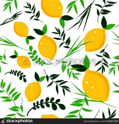 Happy Sukkot seamless pattern. Jewish holiday endless background. Repeating texture with plants.. Happy Sukkot seamless pattern. Jewish holiday endless background. Repeating texture with plant and lemons.