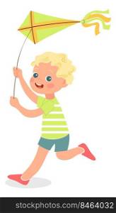 Happy summer game. Kid running with flying kite isolated on white background. Happy summer game. Kid running with flying kite