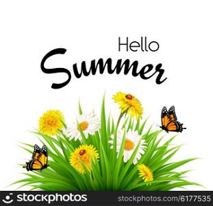 Happy summer holidays background with flowers and butterflies. Vector.