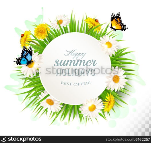 Happy summer holidays background with poppies, daisies and butterflies. Vector.