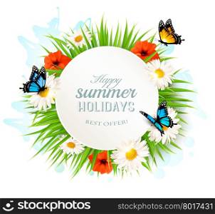 Happy summer holidays background with poppies, daisies and butterflies. Vector.