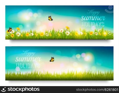 Happy summer holidays banner with flowers, grass and butterflies. Vector.