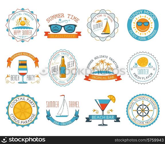 Happy summer time holiday travel sunny mood tropical paradise beach labels stickers set abstract isolated vector illustration. Summer vacation emblems stickers set flat