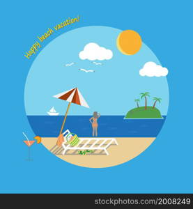 Happy summer vacation on the beach by the sea or ocean on a sunny day