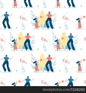 Happy Summertime Seamless Pattern. Outdoors Activities Texture. Father and Daughter. Girl Playing Ball. Man Walking. Active Summer. Vector Flat Illustration. Rest and Recreation on Nature Cartoon. Seamless Pattern with Happy Father and Daughter