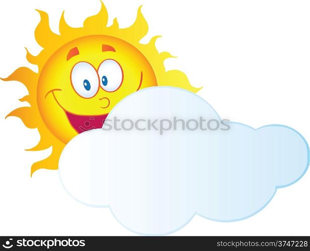 Happy Sun Cartoon Character Hiding Behind Cloud