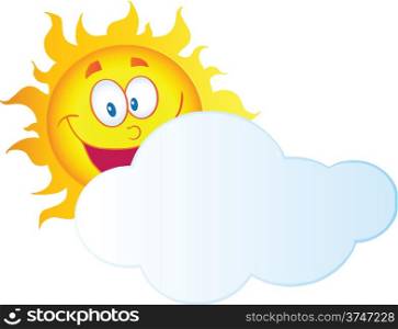 Happy Sun Cartoon Character Hiding Behind Cloud