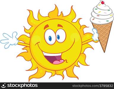 Happy Sun Cartoon Mascot Character Holding A Ice Cream