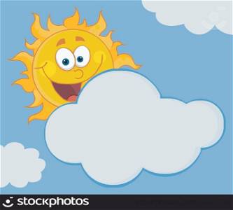 Happy Sun Mascot Cartoon Character Hiding Behind Cloud