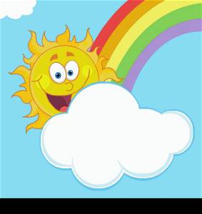 Happy Sun Mascot Cartoon Character Hiding Behind Cloud And Rainbow