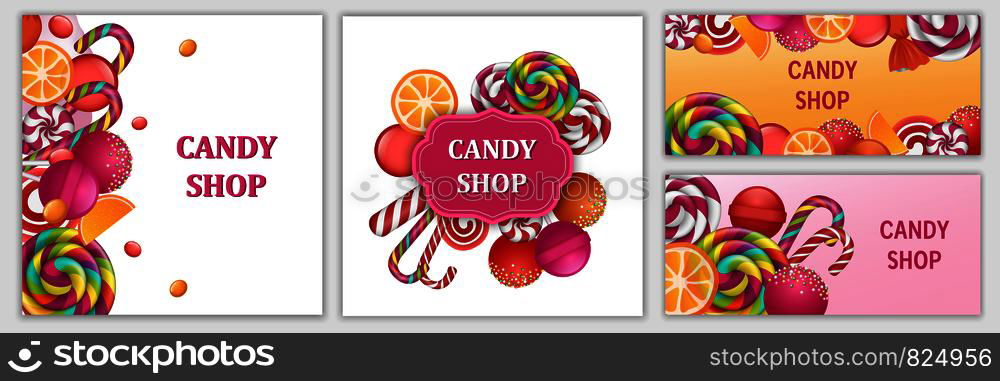 Happy sweet candy day banner set. Realistic illustration of happy sweet candy day vector banner set for web design. Happy sweet candy day banner set, realistic style