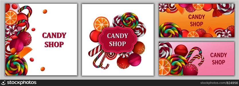 Happy sweet candy day banner set. Realistic illustration of happy sweet candy day vector banner set for web design. Happy sweet candy day banner set, realistic style