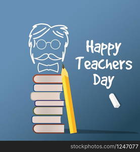 Happy Teacher Day vector. Illustration with books and glasses, chalk, board. Happy Teacher Day vector. Illustration with books and glasses, chalk, board, isolated