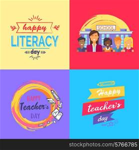 Happy Teacher s Day Collection of Colorful Posters. Happy Teacher s Day set of colorful posters with text. Vector illustration of school, smiling pupil with their educator and various other objects
