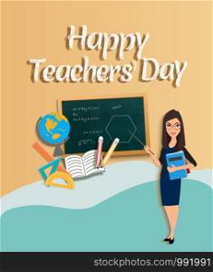 Happy Teacher's day in the beach tone concept - teacher with pointer and globe chalkboard pencils book ruler semi circle and triangular protractor - Paper Cut Out -Vector Illustration