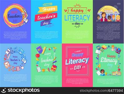 Happy Teacher s Literacy Day Set of Posters. Happy Teacher s Literacy Day collection of creative colorful posters with text. Vector illustration of education-related things and objects