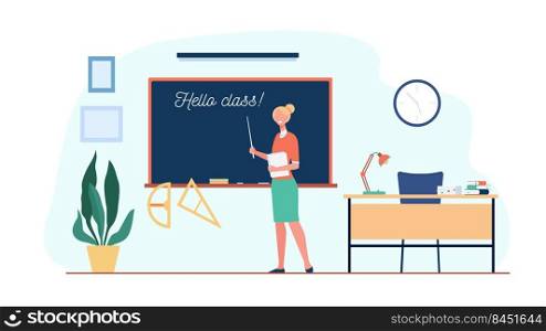 Happy teacher welcoming students in classroom, standing at blackboard with Hello Class inscription. Vector illustration for back to school, education concept