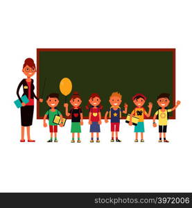 Happy teacher with kids in school. Teaching children vector background. Happy cartoon class with teacher school illustration. Happy teacher with kids in school. Teaching children vector background