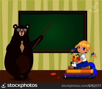 Happy teachers day, back to school vector illustration of cartoon bear teacher holding pointer and school girl with leaves bouquet sitting on books pile near blackboard with copy space in classroom.. Cartoon bear teacher and school girl sitting on books pile near clear blackboard in classroom .