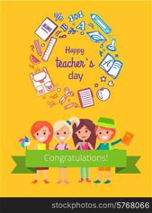 Happy Teachers Day Banner Vector Illustration. Happy teachers day promotional banner vector illustration isolated on orange with four kids and icons of school supplies and calligraphy title