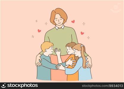Happy teachers day concept. Young smiling woman teacher cartoon character standing and embracing smiling children pupils vector illustration in classroom or outdoors. Happy teachers day concept