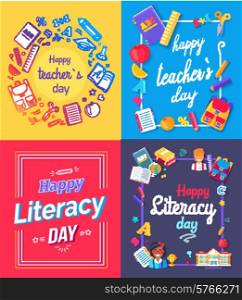Happy Teachers Day Posters Vector Illustration. Set of posters dedicated to teachers day and literacy celebration with images of books, pens and pencils, rules and bags vector illustration