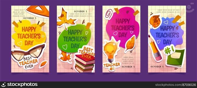 Happy teachers day posters with books, glasses, pen, pencil and autumn leaves on notebook page background. Teachers holiday greeting cards, vector cartoon set. Happy teachers day posters with books, glasses