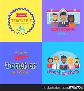 Happy Teachers Day Promo Vector Illustration.. Happy teachers day promotional poster representing professors and school, text and lines, stickers with text about education vector illustration