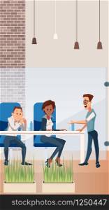 Happy Team Work at Creative Open Space Office. Coworker Business Man and Woman in Formal Suit Sit at Table. Character Talk, Think. Corporate Discussion. Flat Cartoon Vector Illustration. Happy Team Work at Creative Open Space Office