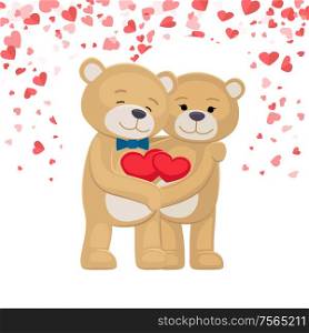 Happy teddy bears family holding red heart in paws, isolated on background of symbols of love. Male and female plush toys celebrating Valentines Day. Happy Teddy Bears Family Holding Red Heart in Paws
