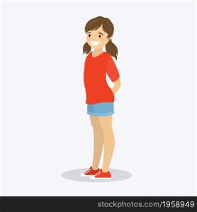 Happy teen girl,cute female child character isolated on white background,flat vector illustration