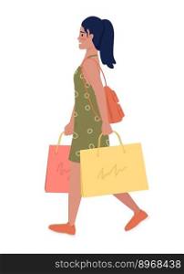 Happy teen girl walking with packages after shopping flat color vector character. Editable figure. Full body person on white. Simple cartoon style illustration for web graphic design and animation. Happy teen girl walking with packages after shopping flat color vector character