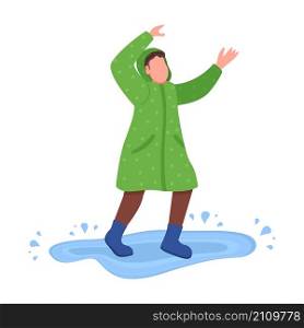 Happy teen jump in puddle semi flat color vector character. Raincoat figure. Full body person on white. Autumn activity isolated modern cartoon style illustration for graphic design and animation. Happy teen jump in puddle semi flat color vector character