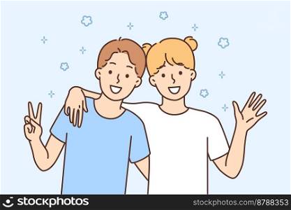 Happy teen kids hugging showing victory sing have fun together. Smiling teenager children enjoy friendship. Vector illustration. . Happy children hug having fun together 
