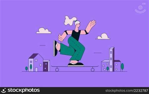 Happy teenage girl or skateboarder rides on a skateboard on the background of the city. Outline vector illustration.. Happy teenage girl or skateboarder rides on a skateboard on the background of the city. Outline vector illustration