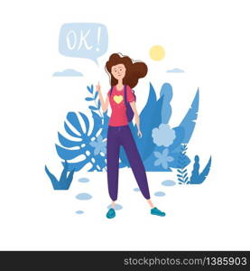 Happy teenage girl with thumb up. Student with backpack bubble OK. Happy teenage girl with thumb up. Student with backpack bubble OK. Vector trendy flat cartoon style, illustration. Floral background