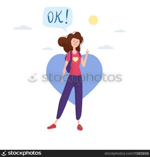 Happy teenage girl with thumb up. Student with backpack bubble OK. Happy teenage girl with thumb up. Student with backpack bubble OK. Vector trendy flat cartoon style, illustration. Heart background